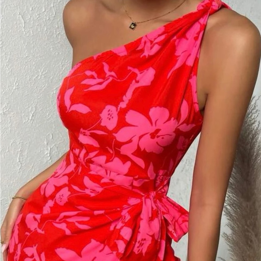 Floral Print One Shoulder Knot Side Wrap Dress